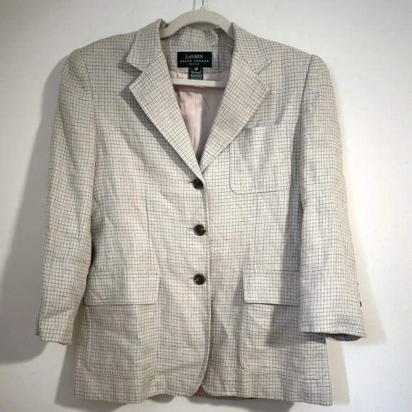 Ralph Lauren petite cream blue check linen blazer spring button jacket - Picture 1 of 7